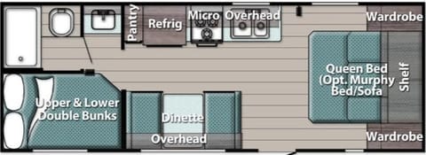 Floor plan of the entire RV. As you can tell there is lots of space for a family of 5 or 6 to relax, eat and sleep!