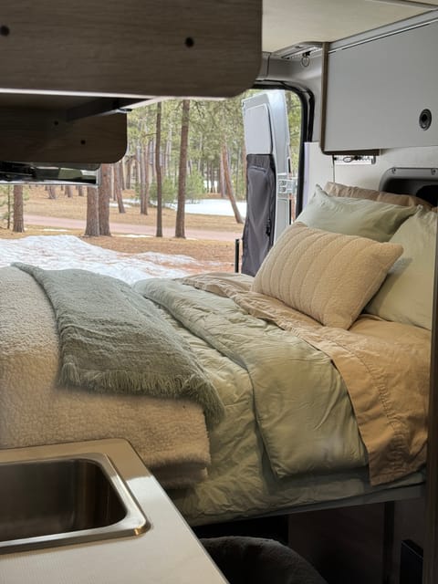 The Murphy bed inside of the van is queen sized, comfortable fitting up to 2! 