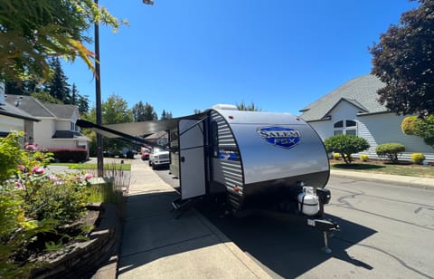 Trailer with awning extended
