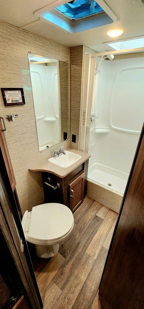 Full bathroom with shower, faucet and flushing toilet.