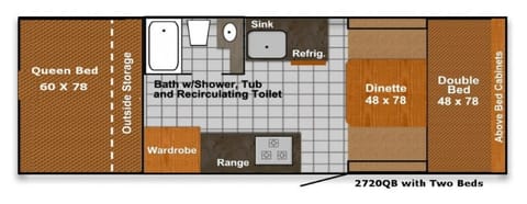 This is a general floorplan for the TrailManor 2720 QB (27 feet open, 20 feet closed, with a Queen Bed at the back).