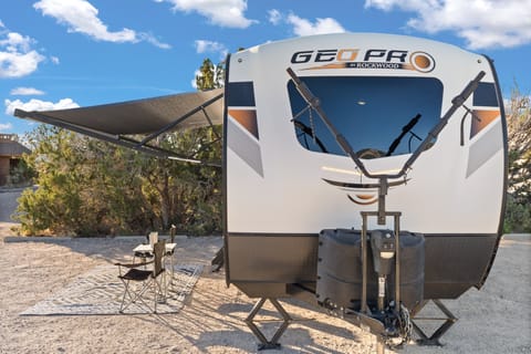 Great shade with the large awning and a front bike rack.