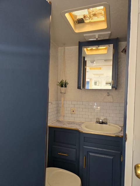 Bathroom with toilet, sink, shower