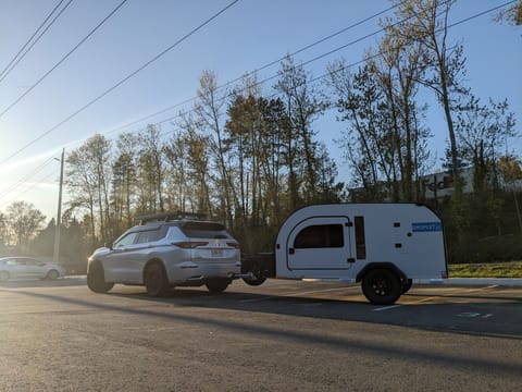 The DROPLET XL teardrop trailer can be towed by most small SUV