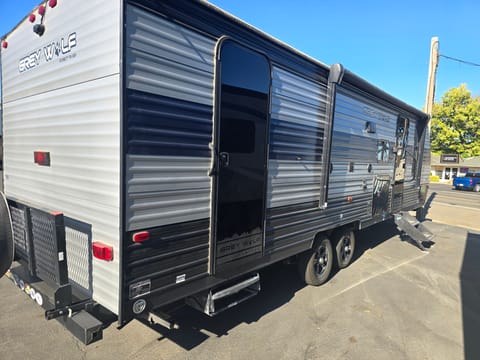 Bathroom door at rear of trailer