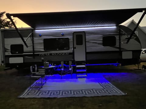 Blue lightening under the camper makes for a relaxing evening