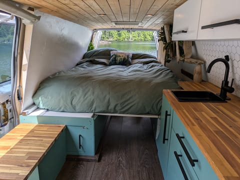 Extra Long Double Bed (6ft 8" or 203cm long). Proper Mattress with Memory Foam topping. 

Sleep like you do at home! No uncomfortable wobbly Air Mattress or camping Sleep Pad for you!