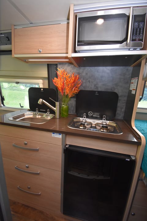 The feature-packed kitchen includes a sink, two burner stove, microwave, and refrigerator.