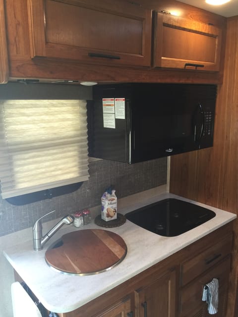 The surprisingly roomy kitchen with microwave/convection oven and two burner gas stove
