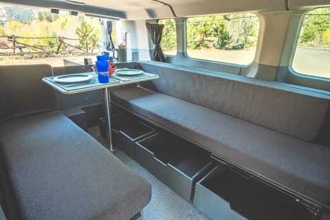 Lots of extra storage space helps keep the van neat while traveling and keeps dirty gear off your bed. 