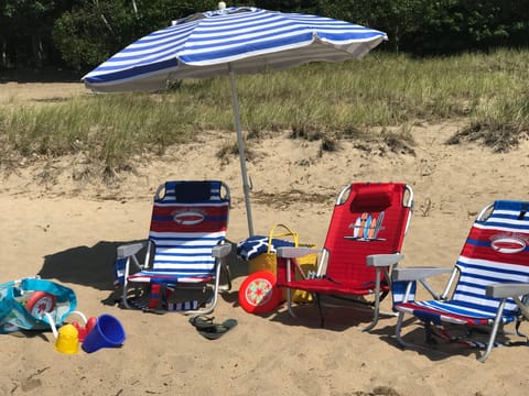 beach chairs and sun umbrella