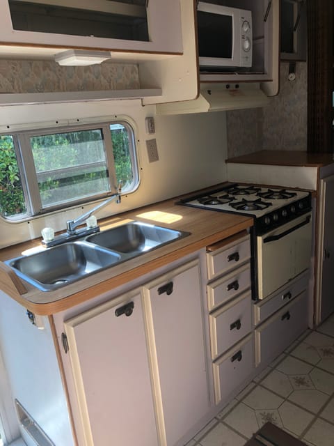 sink, stove, oven, and cabinets 