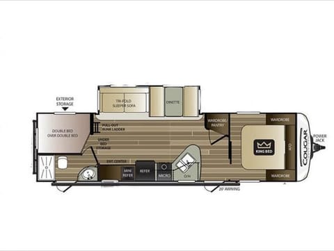 King bed, 2 full size bunks, fold out couch, dinette, bathroom with exterior door