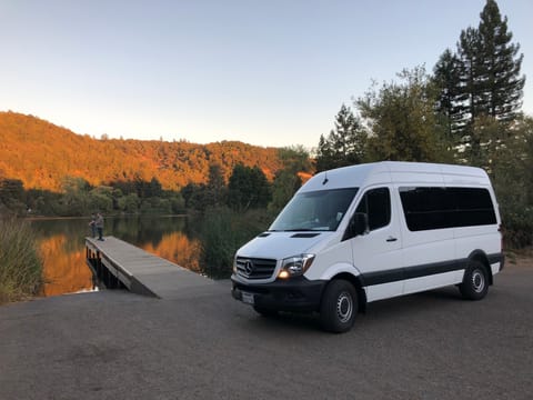 Exterior shot of the van camping out in NorCal.
