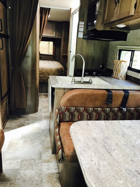 The RV is comfortable and spacious on the road or campsite.