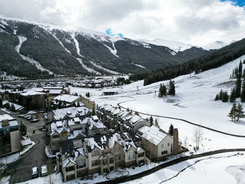 Aerial view of the Elk Run townhomes, with the Ten Mile Range in the background.