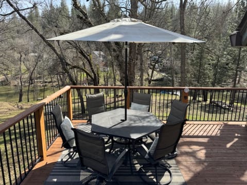 Deck seating and bbq. Unit 1 Lot 300 - Pine Mountain Lake Vacation Rental "Cozy Cabin on the Cove."