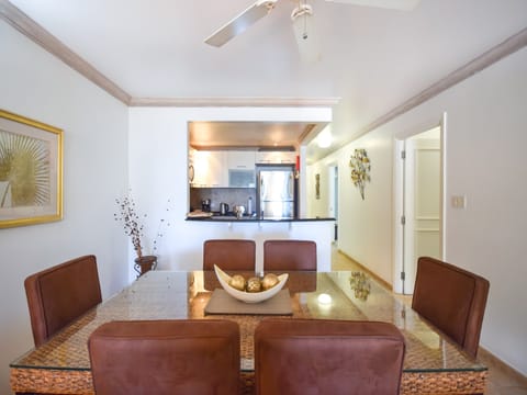 Enjoy meals inside the condo or take them outside to the casual dining area on the patio