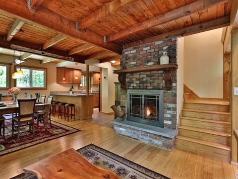 Kitchen dining and fireplace area