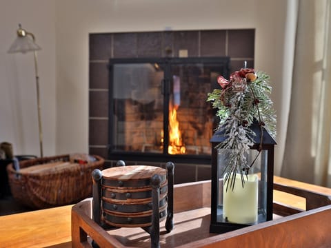 Cozy view of the woodburning fireplace