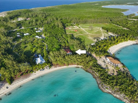 Aeiral view of Moonflower House on Gaulding Cay Beach.