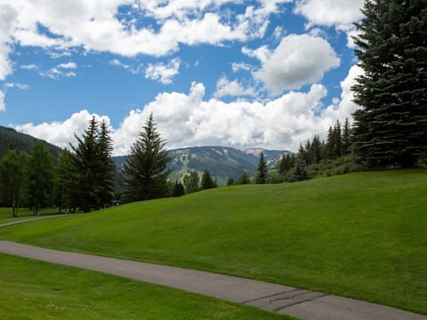 A paved pathway runs through a lush green landscape with tall trees and distant mountains under a partly cloudy sky.