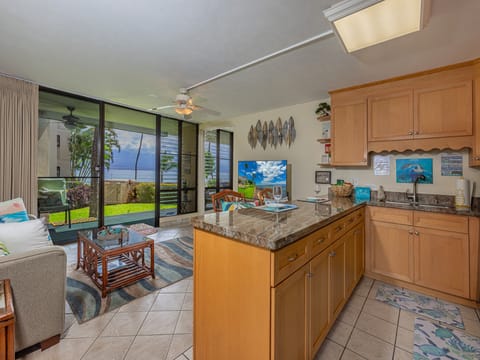 Open floor plan with an ocean view