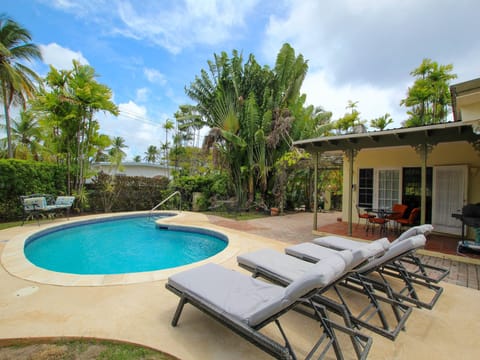 Private pool with sun loungers set in a tropical garden