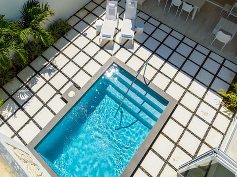 Aerial view of the pool and patio