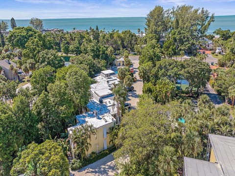 Aerial view of a residential area with several buildings and houses surrounded by trees. The ocean is visible in the background under a clear blue sky.