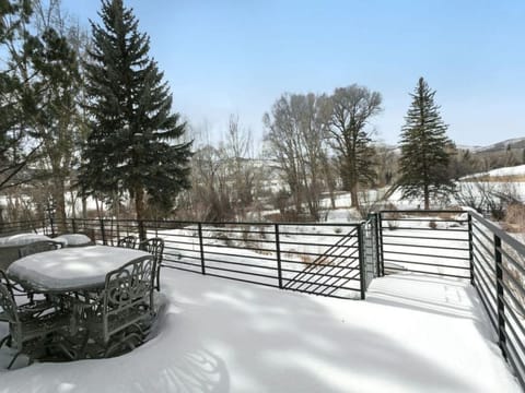 A snow-covered patio with a metal table and chairs overlooks a wintry landscape of trees and a distant snowy field.