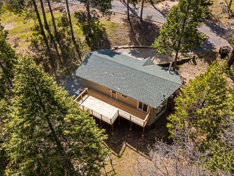 Drone picture of back deck. Unit 4 Lot 315. Vacation Rental (The Cozy Cabin)