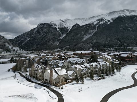 Aerial view of the Elk Run townhomes, with the Ten Mile Range in the background.