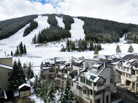 Aerial view of Elk Run with Copper Mountain ski slopes in the background.