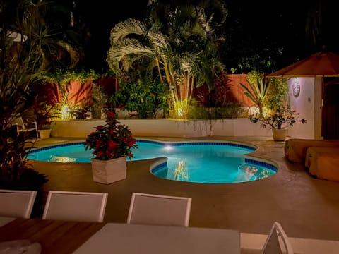 View at night of the pool deck