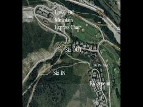 A satellite image of a ski resort showing labeled areas: Lower BC Mountain Express Chair, Ski IN, Ski OUT, Ridgepoint, and surroundings.