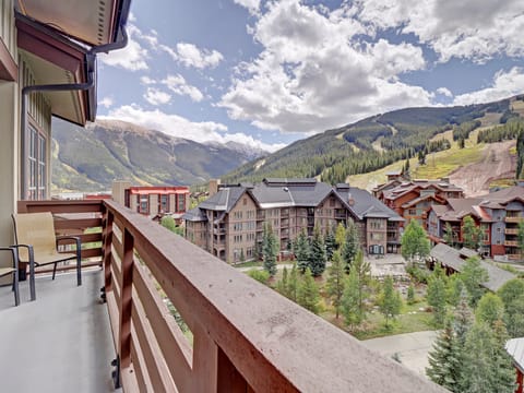 Spectacular panoramic view of Copper Mountain’s slopes and Center Village from a private balcony at the Passage Point building. Perfect vantage point for year-round mountain scenery and resort activity.