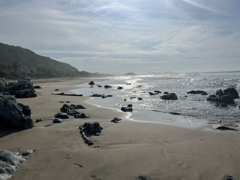 On the beach, sun loungers, beach towels