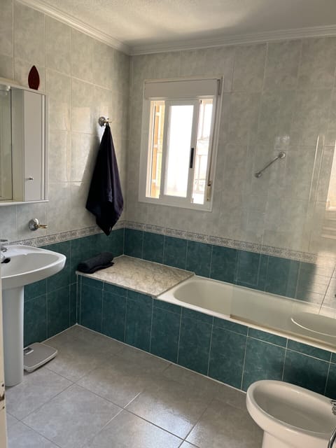 Combined shower/tub, hair dryer, bidet, towels