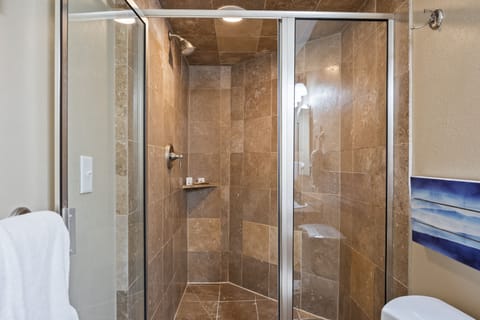 Combined shower/tub, hair dryer, towels