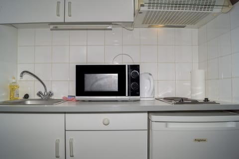 Fridge, microwave, stovetop, cookware/dishes/utensils