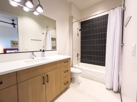 Combined shower/tub, hair dryer, towels, soap