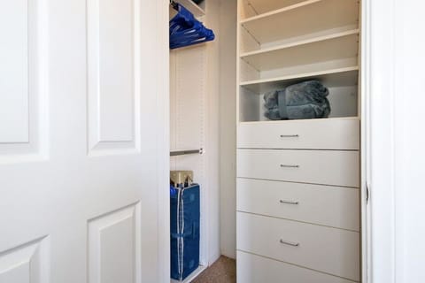 Primary Suite 1: Walk in closet with pack and play, extra blankets, iron, ironing board, and plenty of hangers.