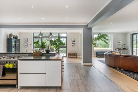 Open flow from kitchen to dining and living rooms.