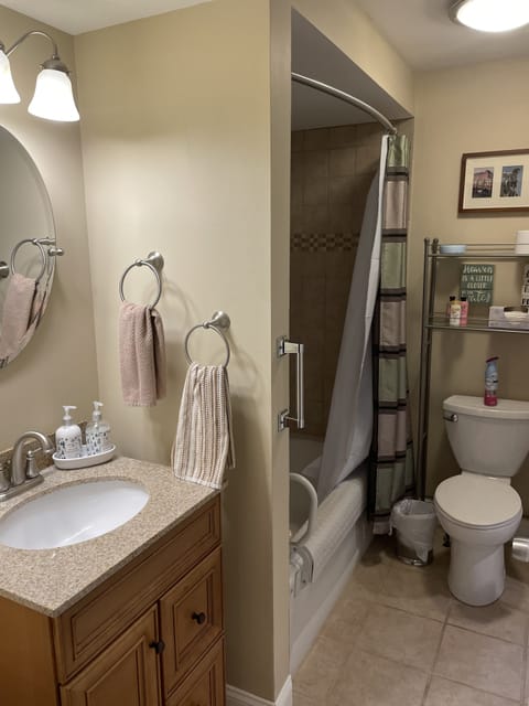 Combined shower/tub, hair dryer, towels, soap