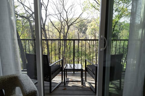 The Nest - a balcony off the upstairs primary bedroom overlooking the park and trails from above.