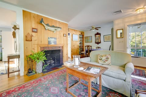 TV, fireplace, books, stereo