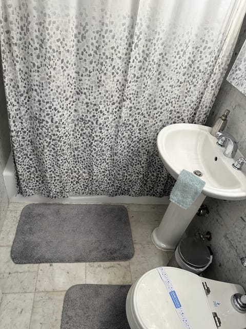 Combined shower/tub, hair dryer, towels, soap