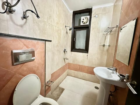 Combined shower/tub, bidet, towels, soap