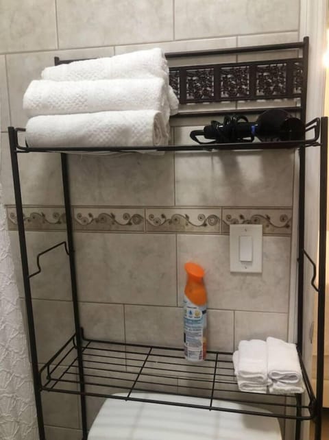 Hair dryer, towels, soap, shampoo